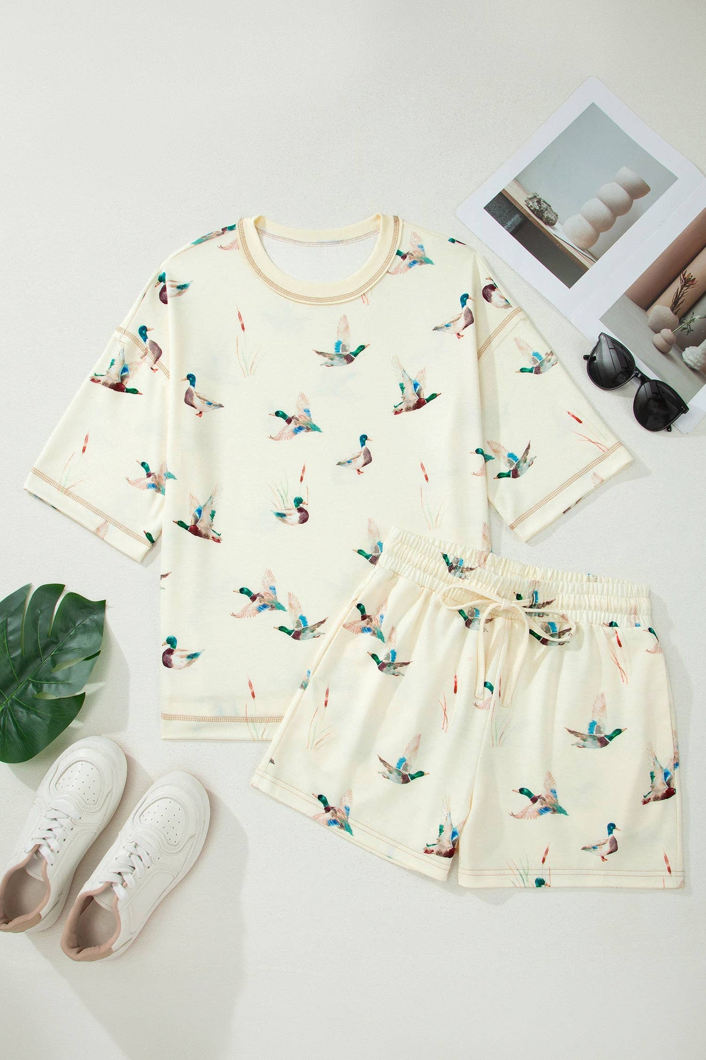 Mallard Duck Print Oversized Tee Drawstring Short Set (S-XL)