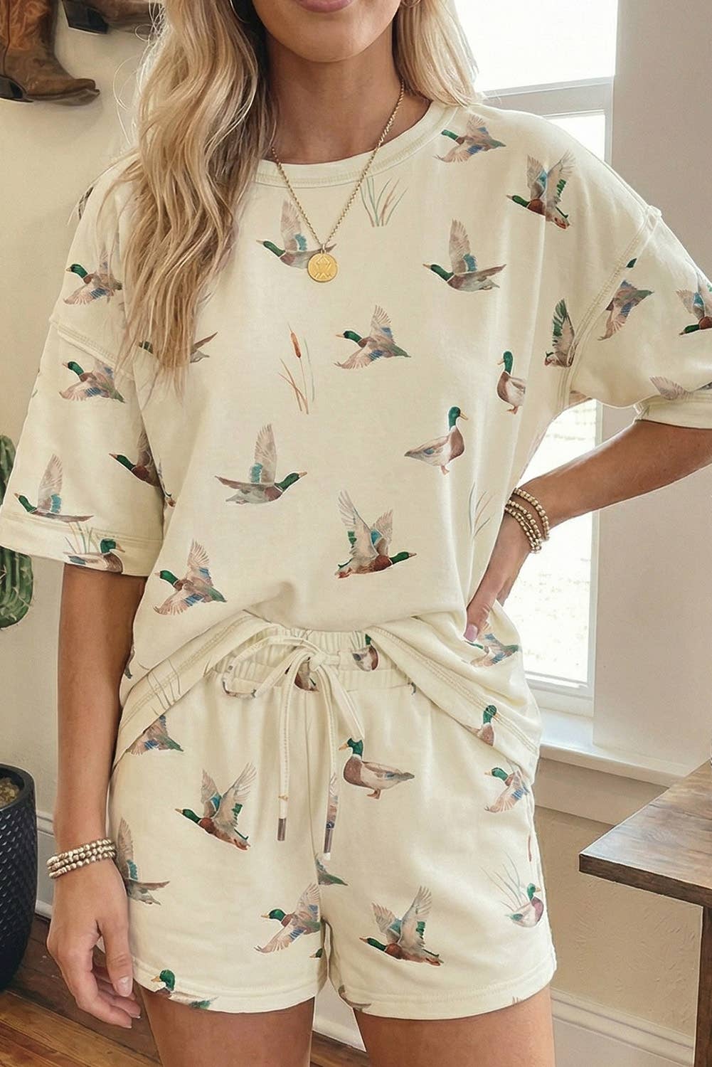 Mallard Duck Print Oversized Tee Drawstring Short Set (S-XL)