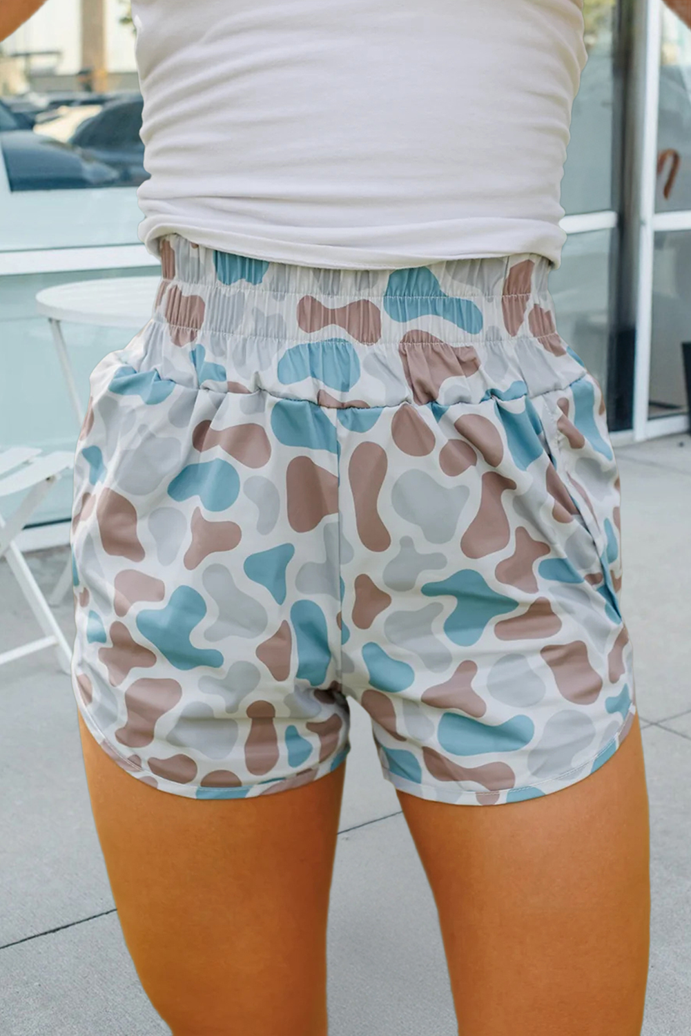 66 Plus Camo Shirred High Waist Athleisure Shorts (S-4X)