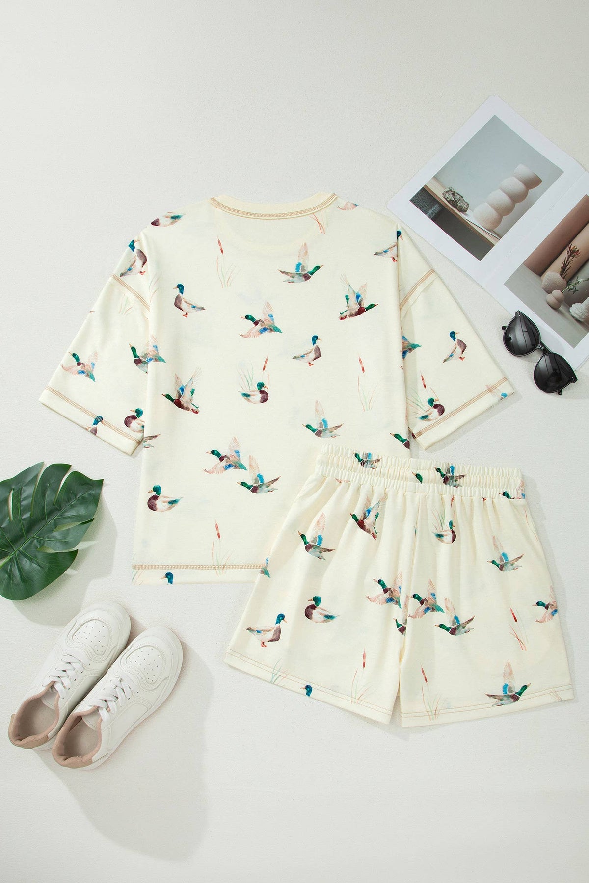 Mallard Duck Print Oversized Tee Drawstring Short Set (S-XL)